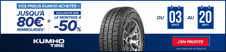 Promotion Speedy jusqu'à 80€ remboursés sur les pneus Kumho et -50% sur le montage